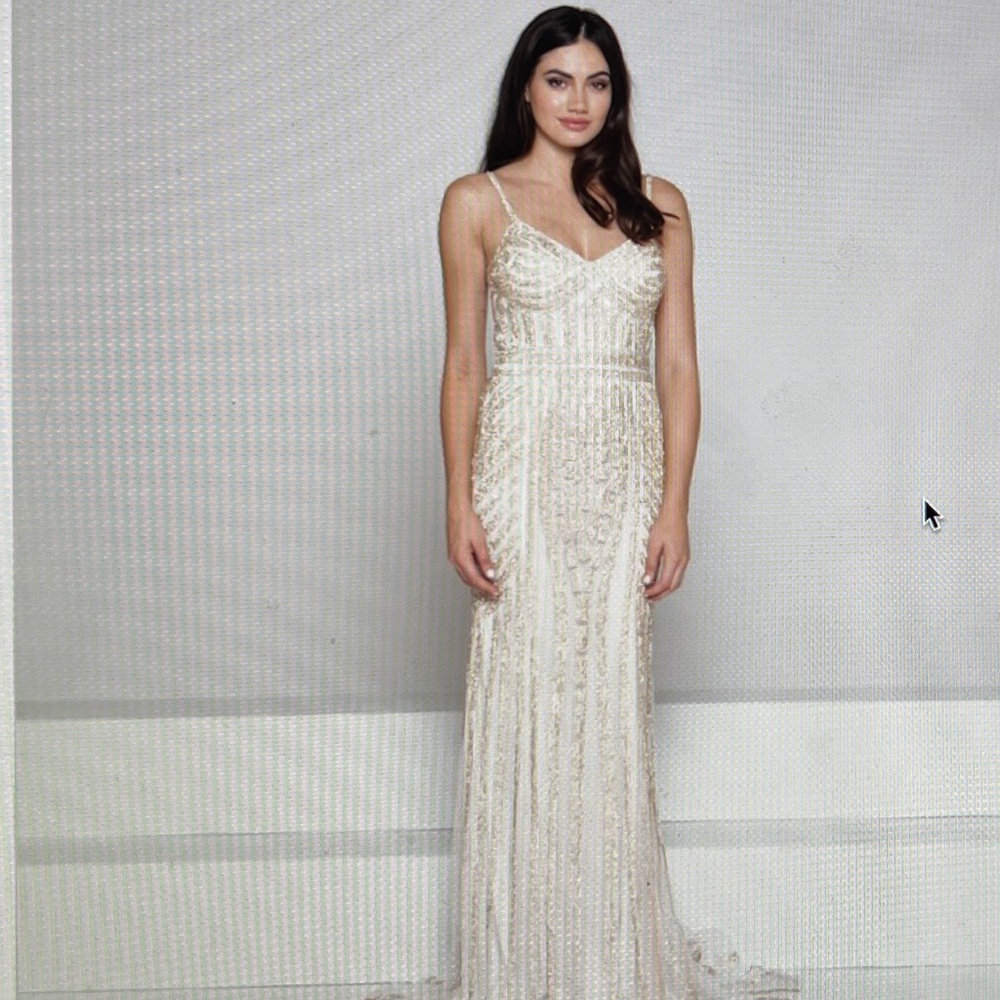 Beaded column dress in off white/gold, by Glow Dress, Size 2